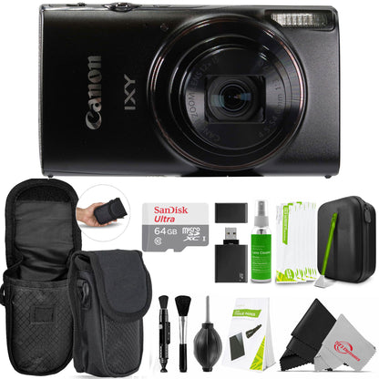 Canon PowerShot IXY 650 HS Black Camera with 64GB MicroSD, Card Reader, Carrying Case, Cleaning Kit