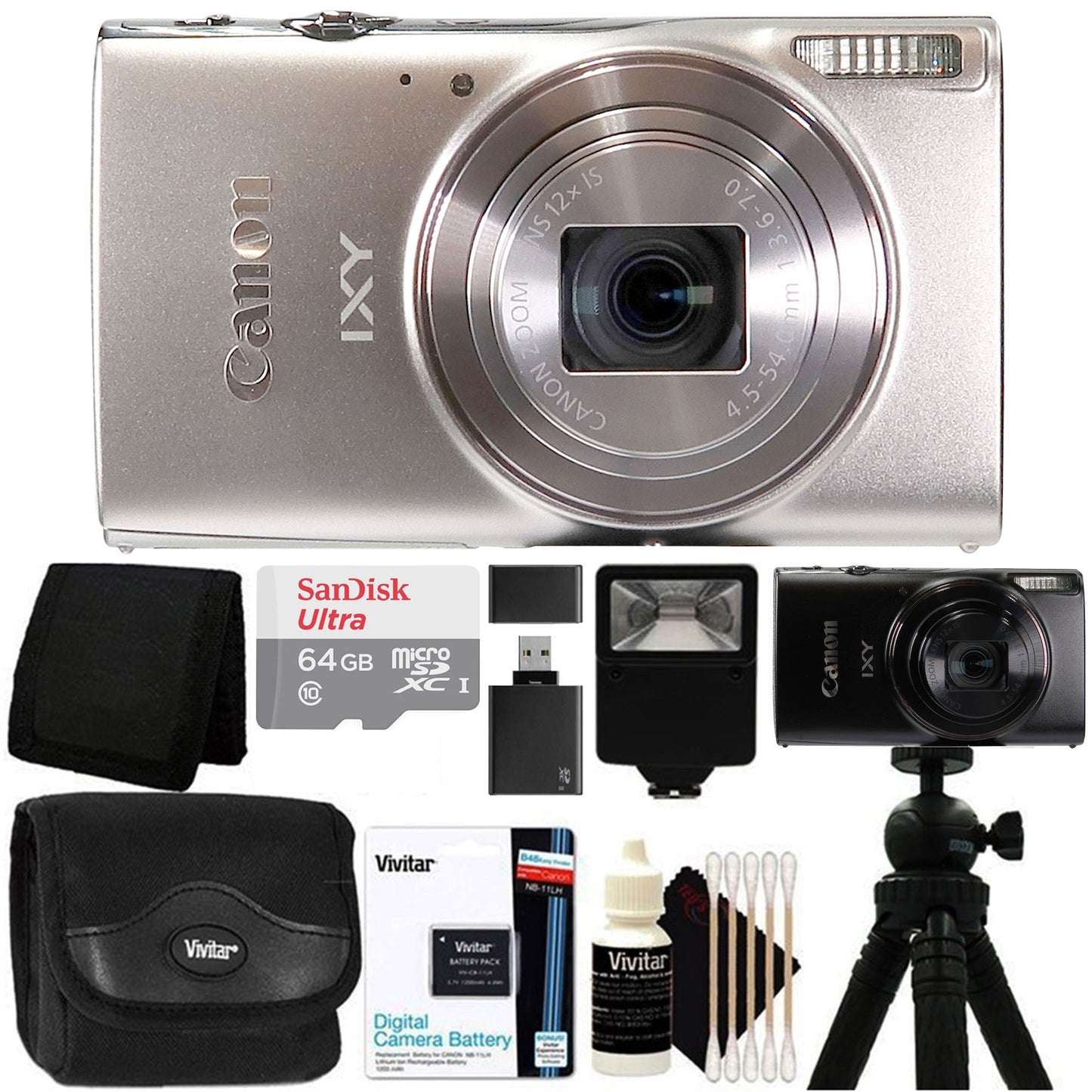 Canon PowerShot IXY 650 HS Silver Camera with Case, 64GB MicroSD, Card Wallet, Tripod, Flash, Battery, Cleaning Kit