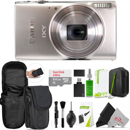 Canon PowerShot IXY 650 HS Silver Camera with 64GB MicroSD, Card Reader, Carrying Case, Cleaning Kit