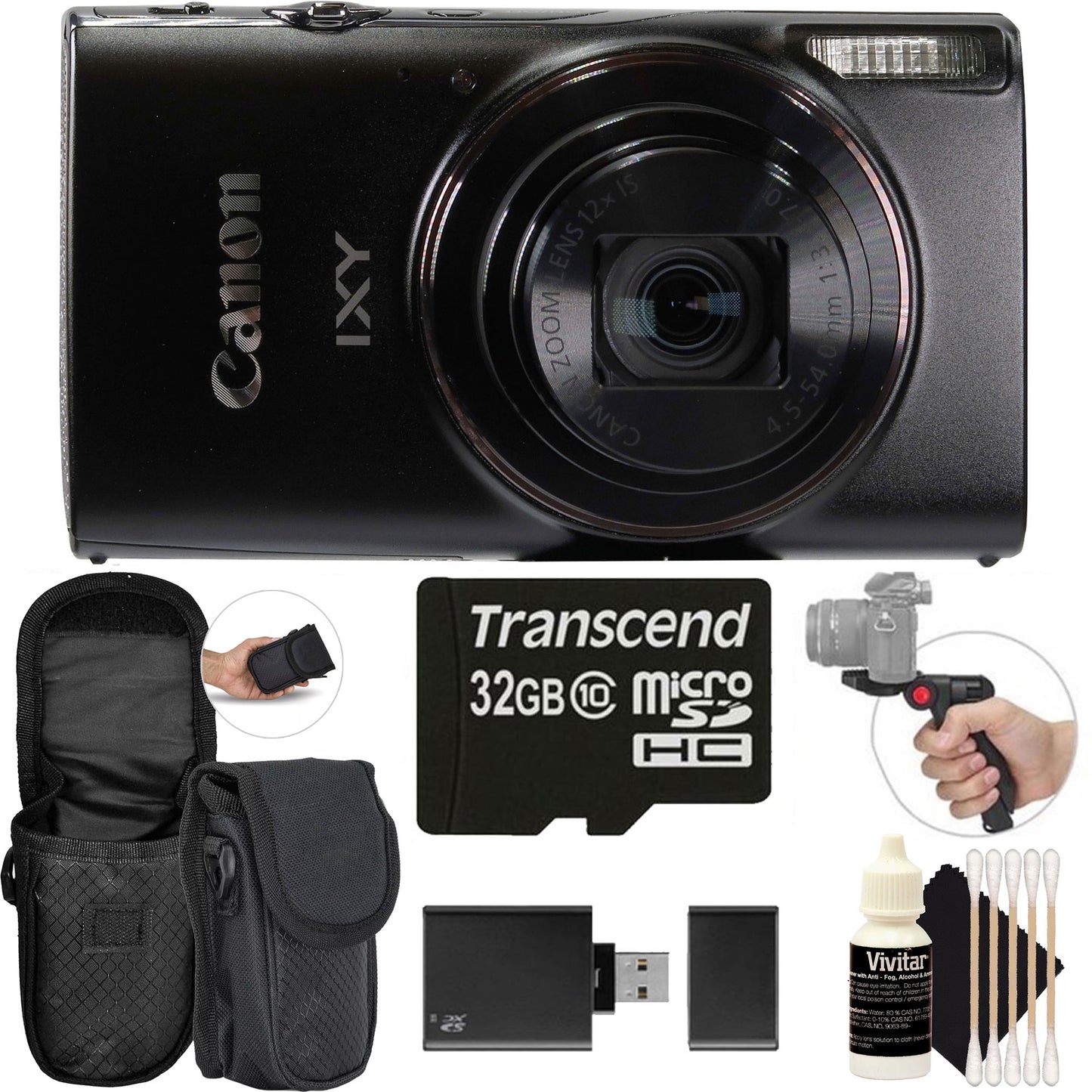Canon PowerShot IXY 650 HS Black Camera with Case, 32GB MicroSD, Card Reader, Tripod, Cleaning Kit