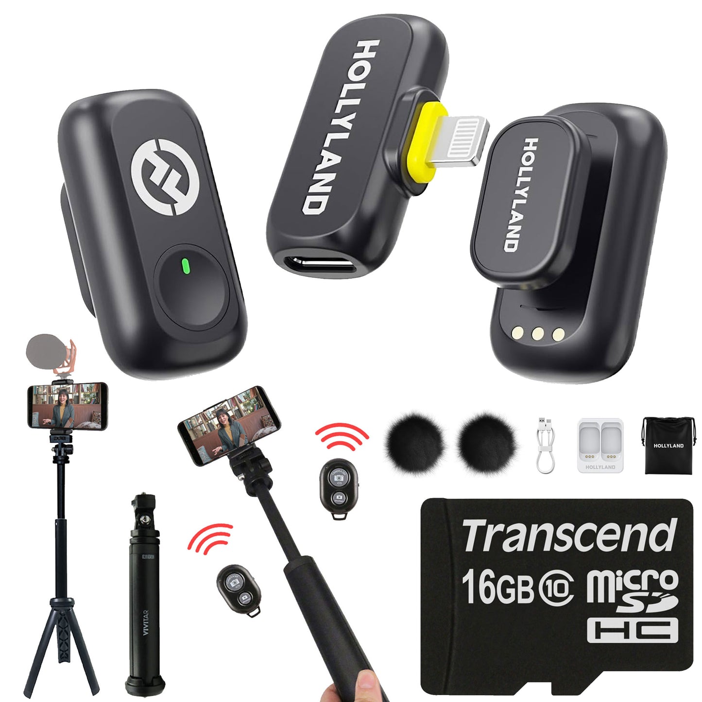Hollyland LARK A1 Mini Duo 2-Person Wireless Mic System for iOS + 16GB MicroSD & 13" Pocket Tripod