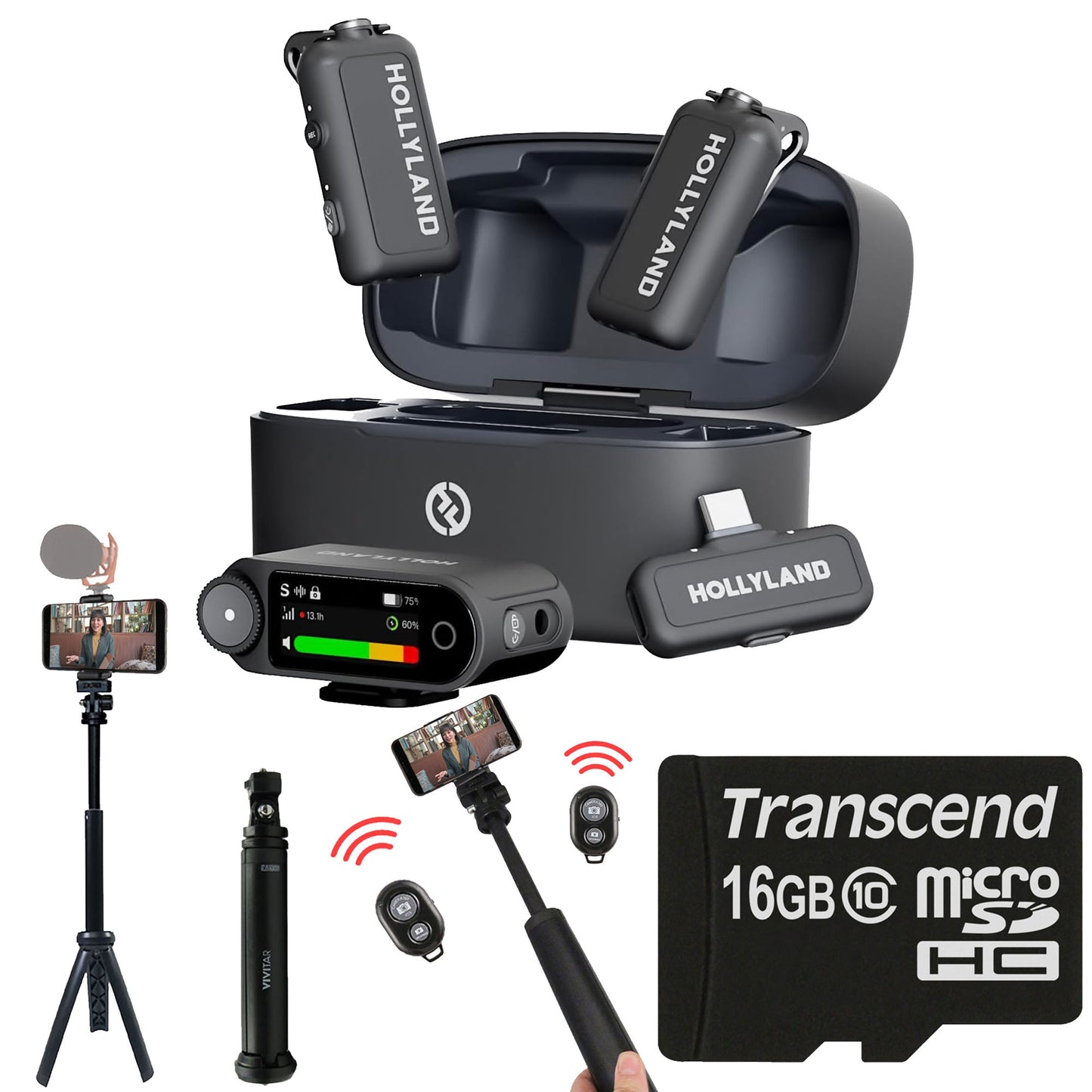 Hollyland LARK MAX 2 Combo 2-Person Wireless Mic System for Cameras & Mobile + 16GB MicroSD & 13" Tripod