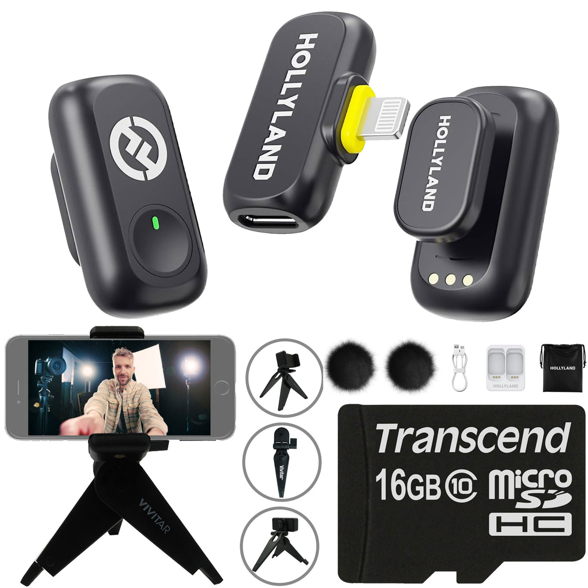 Hollyland LARK A1 Mini Duo 2-Person Wireless Mic System for iOS + 16GB MicroSD & Vivitar Selfie Tripod