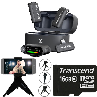 Hollyland LARK MAX 2 Combo 2-Person Wireless Microphone System for Cameras and Mobile Devices (Space Gray, 2.4 GHz) + 16GB MicroSD Memory Card + Vivitar Compact Selfie Video Tripod