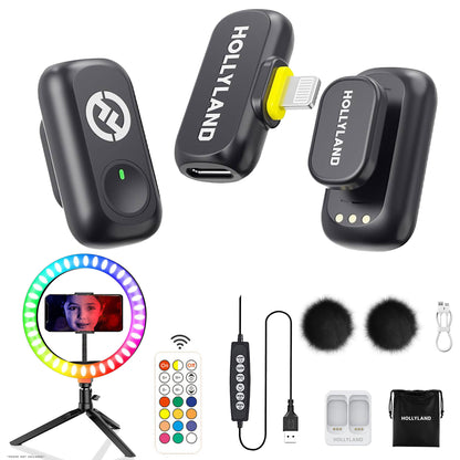 Hollyland LARK A1 Mini Duo 2-Person Wireless Mic System for iOS + 10" RGB LED Ring Light & Tripod
