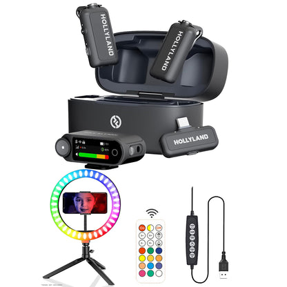 Hollyland LARK MAX 2 Combo 2-Person Wireless Mic System for Cameras & Mobile + 10" RGB LED Ring Light & Tripod