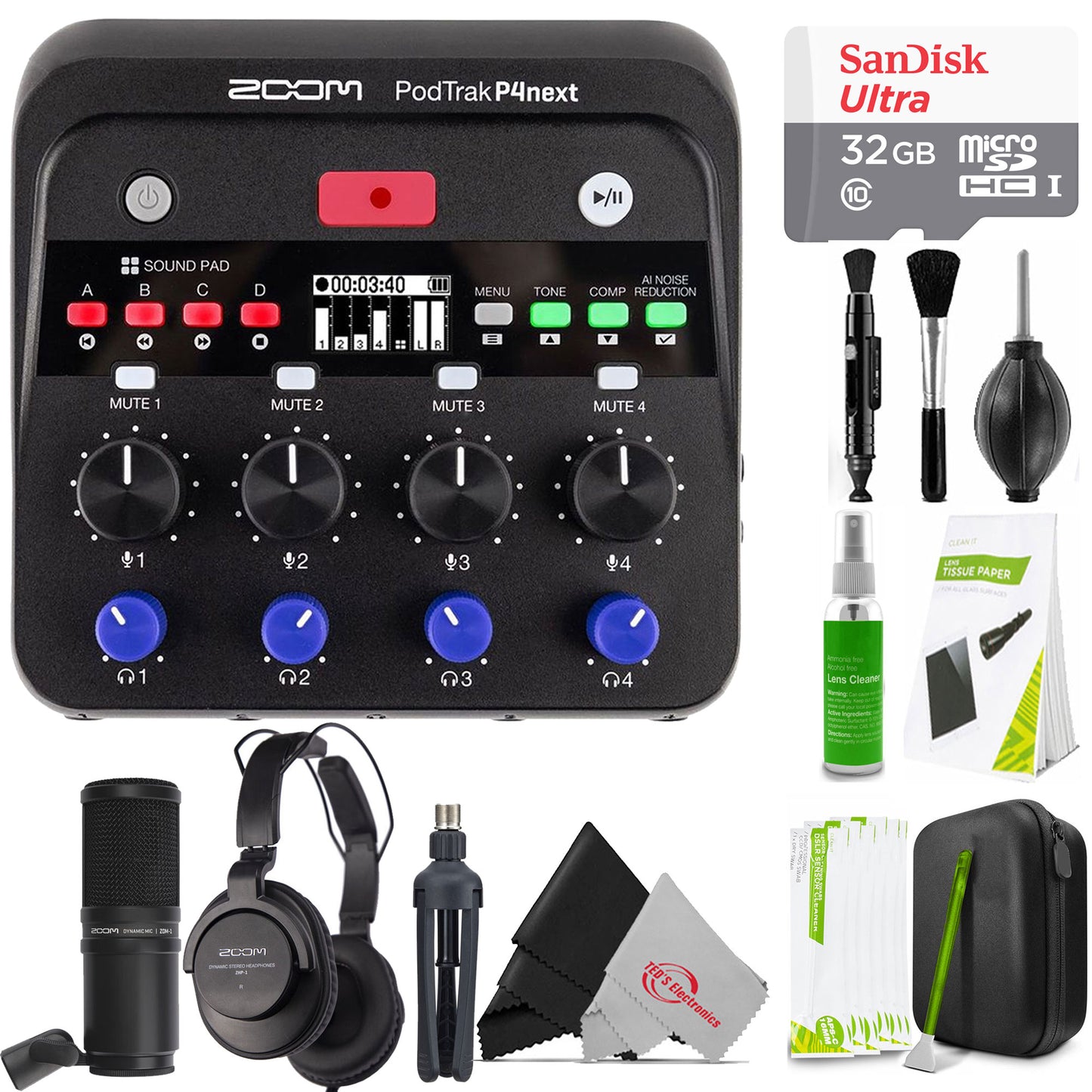 Zoom PodTrak P4next Recorder with Zoom ZDM-1 Mic Pack, 32GB microSDHC Card & Cleaning Kit