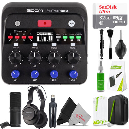 Zoom PodTrak P4next Recorder with Zoom ZDM-1 Mic Pack, 32GB microSDHC Card & Cleaning Kit