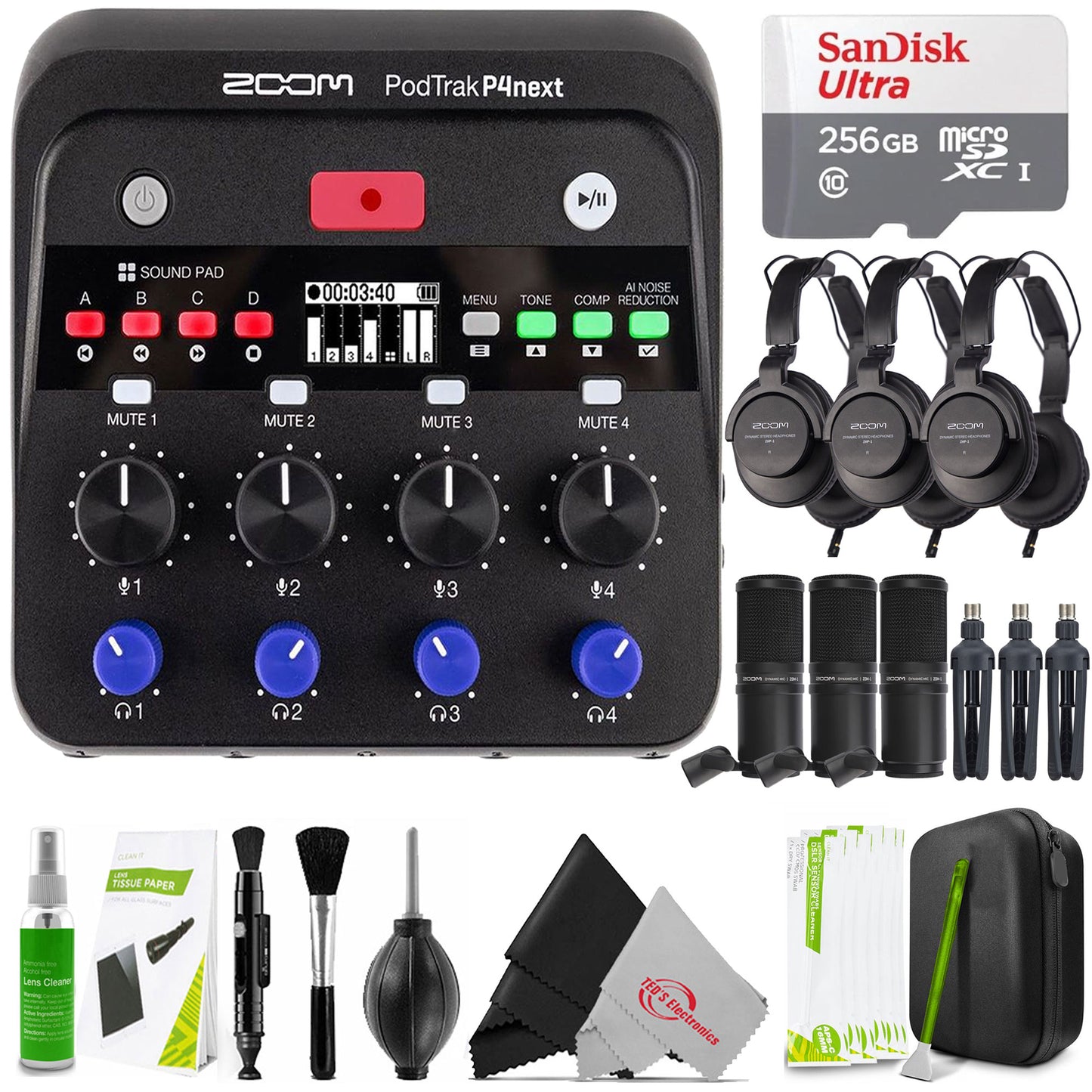 Zoom PodTrak P4next Recorder with 3x ZDM-1 Mic Packs, 256GB MicroSDXC Card & Cleaning Kit