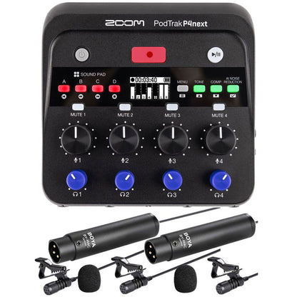 Zoom PodTrak P4next Recorder with 2x Vidpro Wired XLR Lavalier Microphones XM-L2