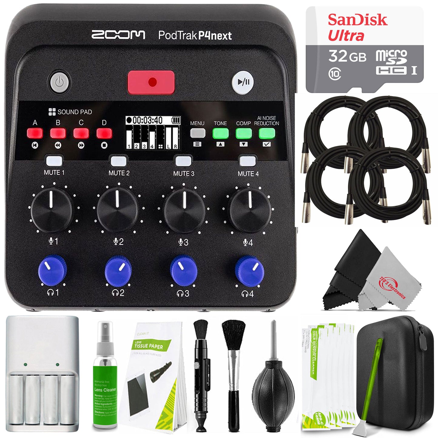 Zoom PodTrak P4next Portable Multitrack Podcast Recorder with XLR Cables, Battery, 32GB Card & Cleaning Kit