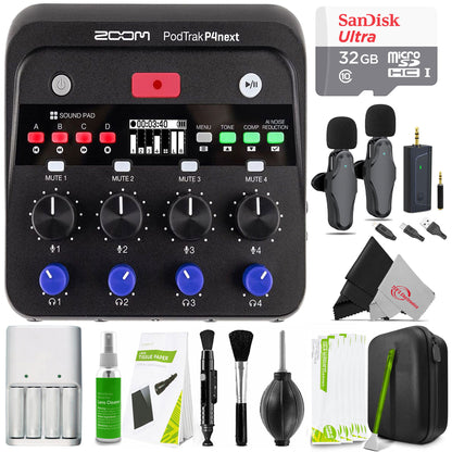 Zoom PodTrak P4next Portable Podcast Recorder + 2-Person Wireless Lavalier Mics + 32GB Kit