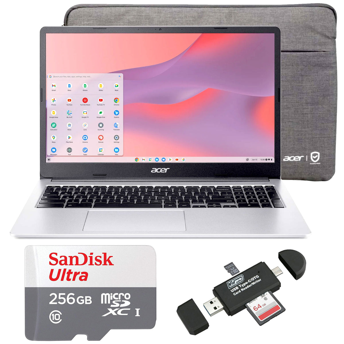 Acer Chromebook 315 15.6" Laptop Intel N4500 4GB 64GB eMMC Pure Silver + Sandisk 256GB MicroSD + Memory Card Reader