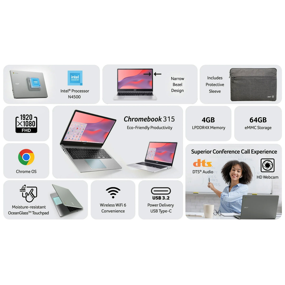 Acer Chromebook 315 15.6" Laptop Intel N4500 4GB 64GB eMMC Pure Silver + Sandisk 256GB MicroSD + Memory Card Reader