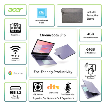 Acer Chromebook 315 15.6" Laptop Intel N4500 4GB 64GB eMMC Moonstone Purple + Samson SR350 Headphones & VidPro Wireless Mic