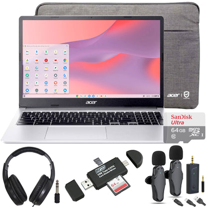 Acer Chromebook 315 15.6" Laptop Intel N4500 4GB 64GB eMMC Pure Silver + Samson SR350 Headphones + VidPro Wireless Mic + 64GB SD