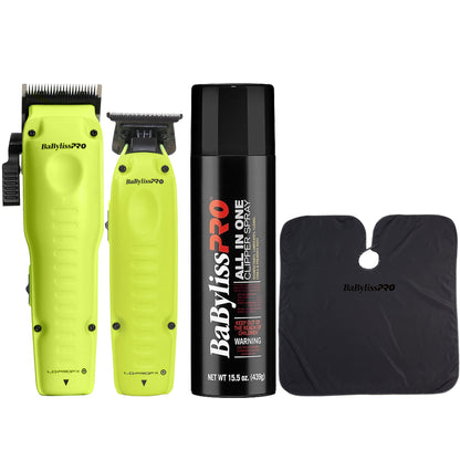 BaBylissPRO FXONE LoProFX Limited Edition Neon Yellow Clipper FX829 & Trimmer FX729NY + All-in-One Spray & Cutting Cape