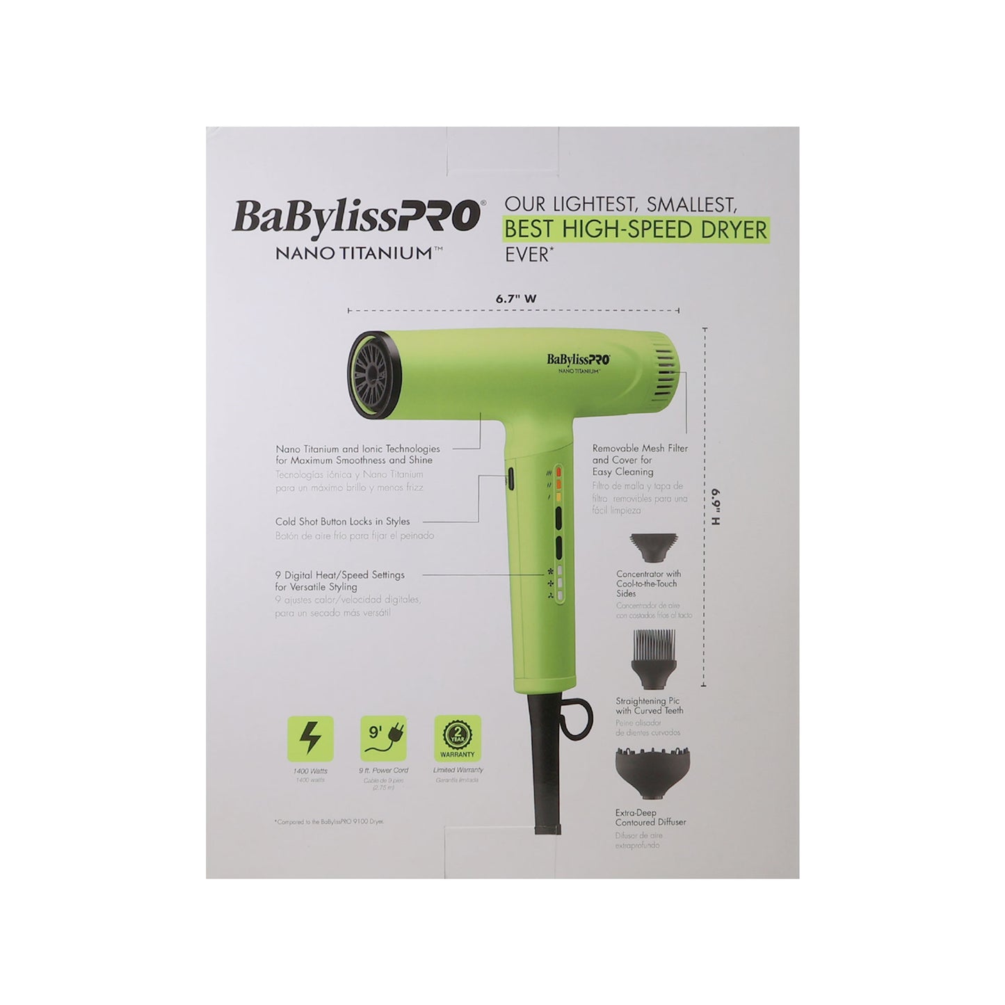 BaBylissPRO Nano Titanium Ionic Neon Yellow Hair Dryer BNTC9200NY + 1" Ultra-Thin Flat Iron T4072TUC