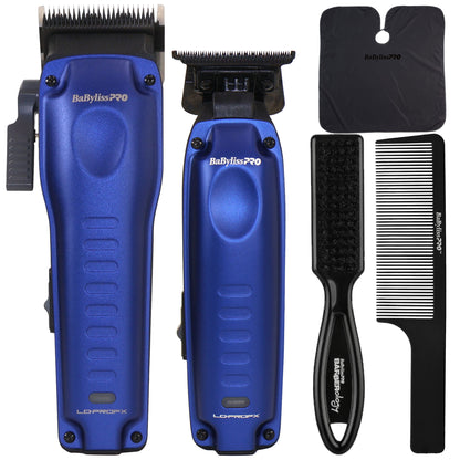 BaBylissPRO FXONE LO-PROFX FX82 Clipper & FX72 Trimmer Kit Blue with Fade Brush, Comb and Cutting Cape