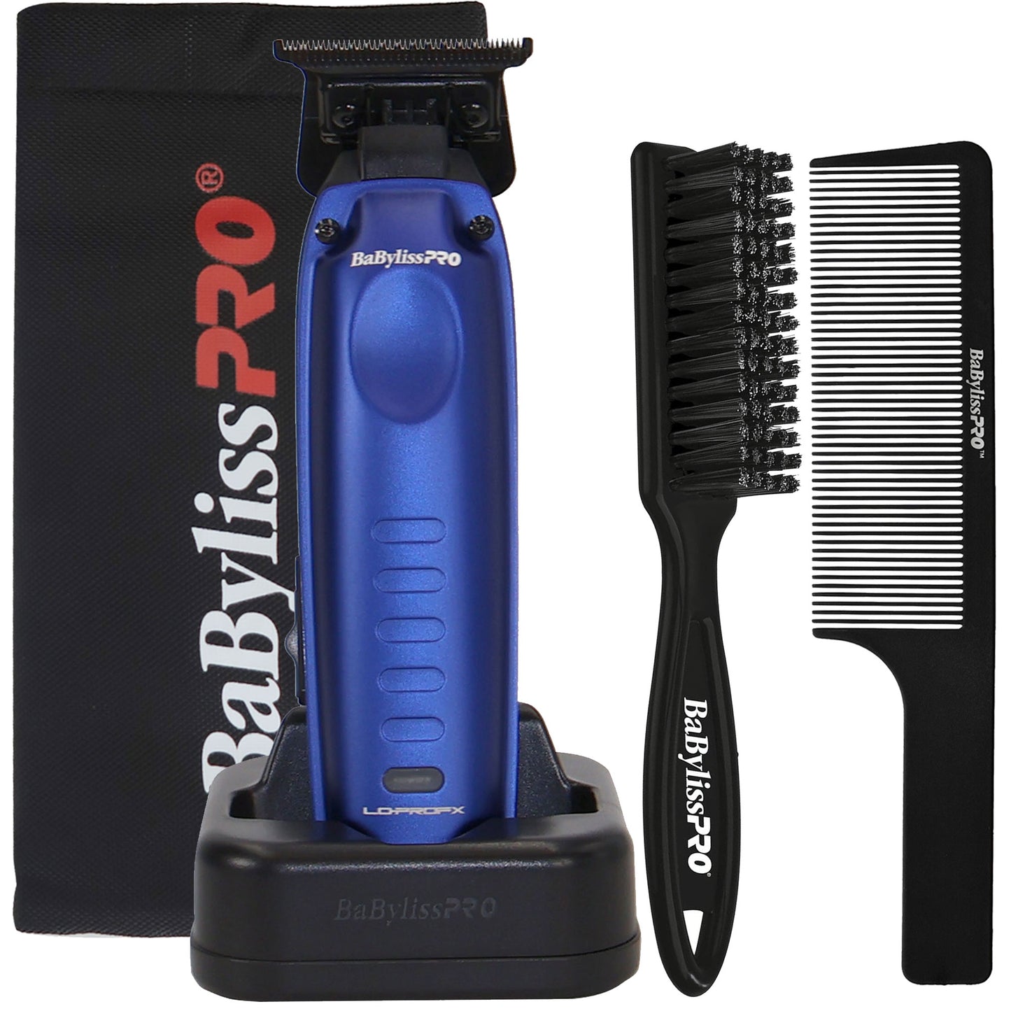 BaBylissPRO High Performance Low Profile Compact Trimmer - Blue (FX72) + BaByliss Pro Fade Brush  BPFADEB + BaBylissPRO Barberology 9 Inch Clipper Comb + Trimmer Pouch
