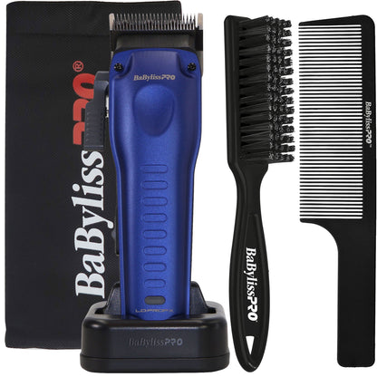 BaBylissPRO FXONE LO-PROFX FX82 Clipper Kit Blue with Fade Brush, 9" Barberology Comb and Clipper Pouch