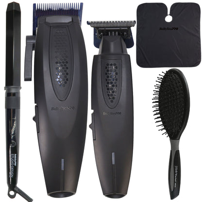 BaBylissPRO LithiumFX+ Hair Clipper & Trimmer Set – Professional Grooming Kit with 1.25" Crimpcurl Iron, Ergo-Grip Detangler Brush & Cutting Cape