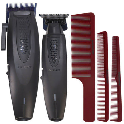 BaBylissPRO LithiumFX+ Clipper & Trimmer Set + Red Barberology Comb Kit – Cordless, Ergonomic, Professional Hair Grooming