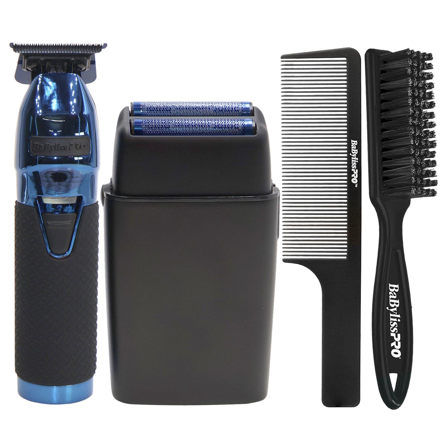 BaByliss Pro LIMITEDFX Collection Blue Trimmer & Double Foil Shaver w/ Fade Brush & 9" Clipper Comb