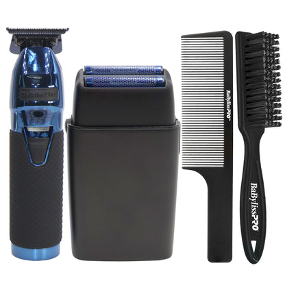 BaByliss Pro LIMITEDFX Collection Blue Trimmer & Double Foil Shaver w/ Fade Brush & 9" Clipper Comb
