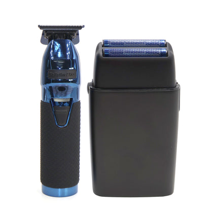 BaByliss Pro LIMITEDFX Collection Blue Trimmer & Double Foil Shaver w/ Fade Brush & 9" Clipper Comb