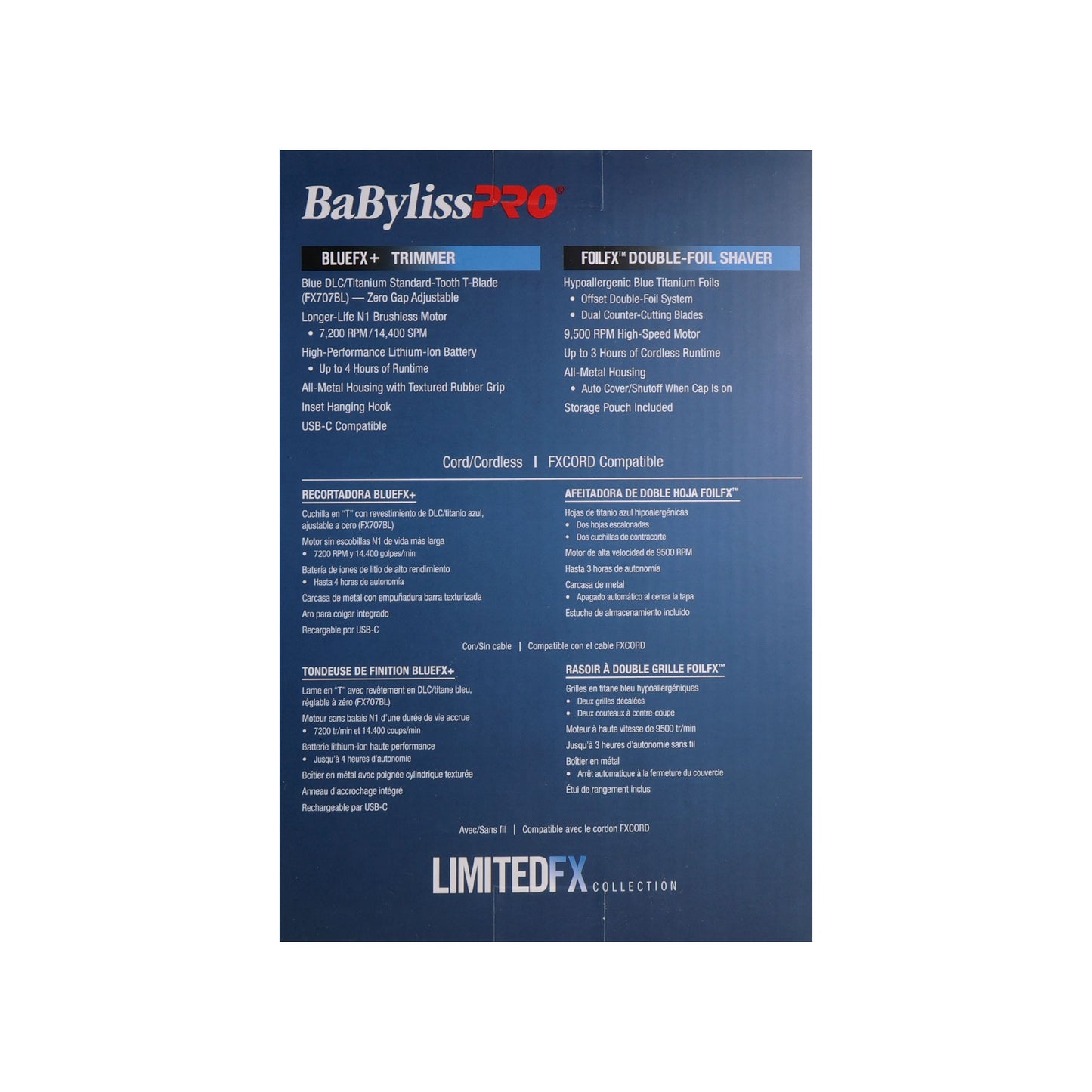 BaByliss Pro LIMITEDFX Collection Blue Trimmer & Double Foil Shaver w/ Fade Brush & 9" Clipper Comb