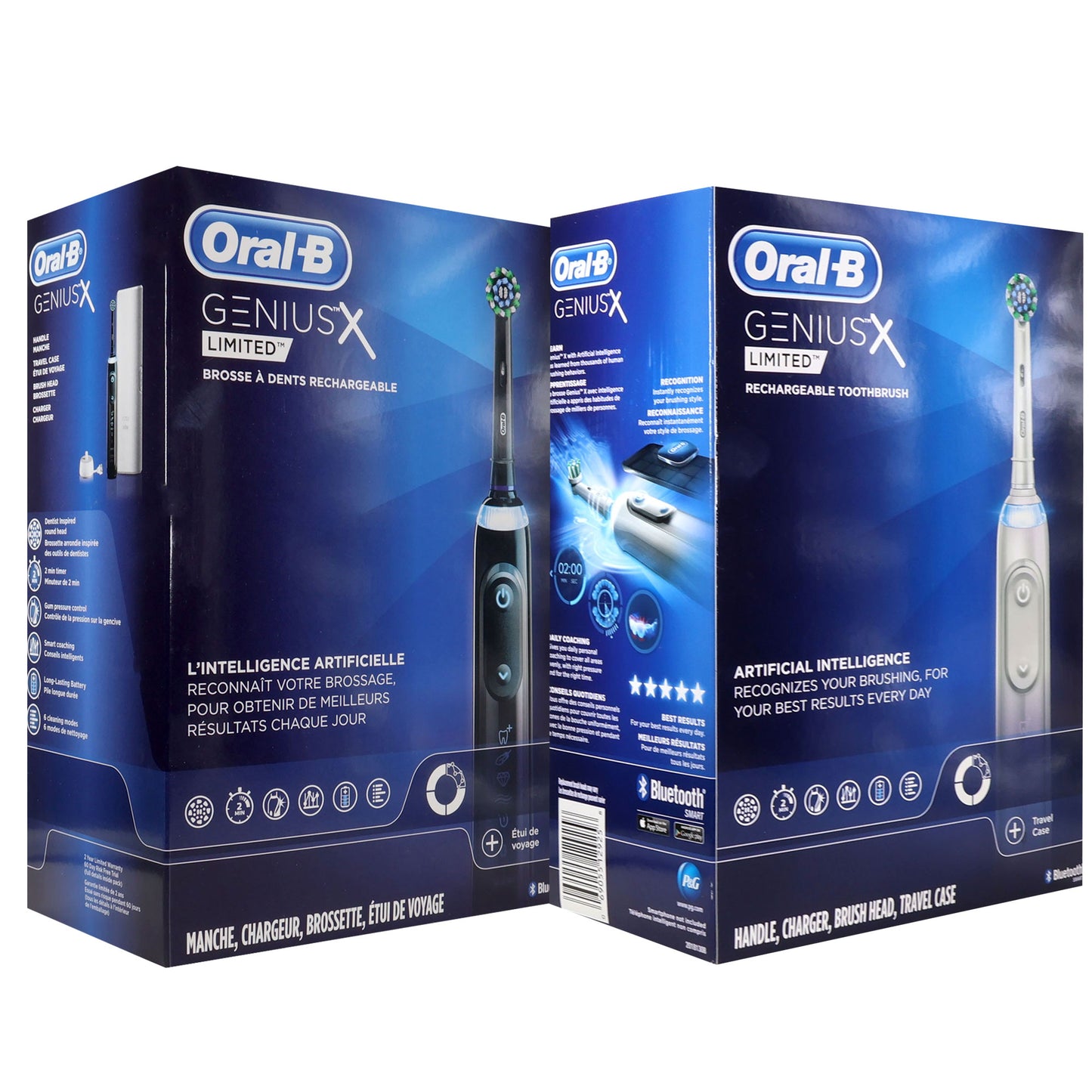 Oral-B Genius X Limited Rechargeable Electric Toothbrush Duo – Midnight Black & White with 1 Replacement Brush Head Each + Travel Cases