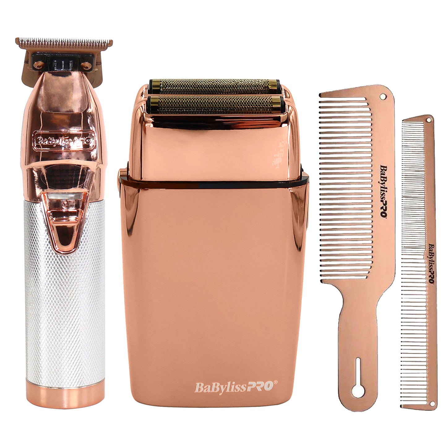 BaByliss Pro LIMITEDFX Collection Limited Edition Trimmer and Double Foil Shaver Rose Gold FXDUOFS2TRG with Barberology RoseFX Metal Comb Set