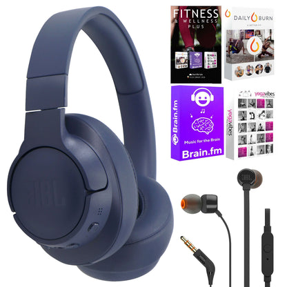 JBL Tune 770NC Noise-Cancelling Over-Ear Headphones (Blue) with JBL T110 in Ear Headphones and Fitness and Wellness Plus Software Suite