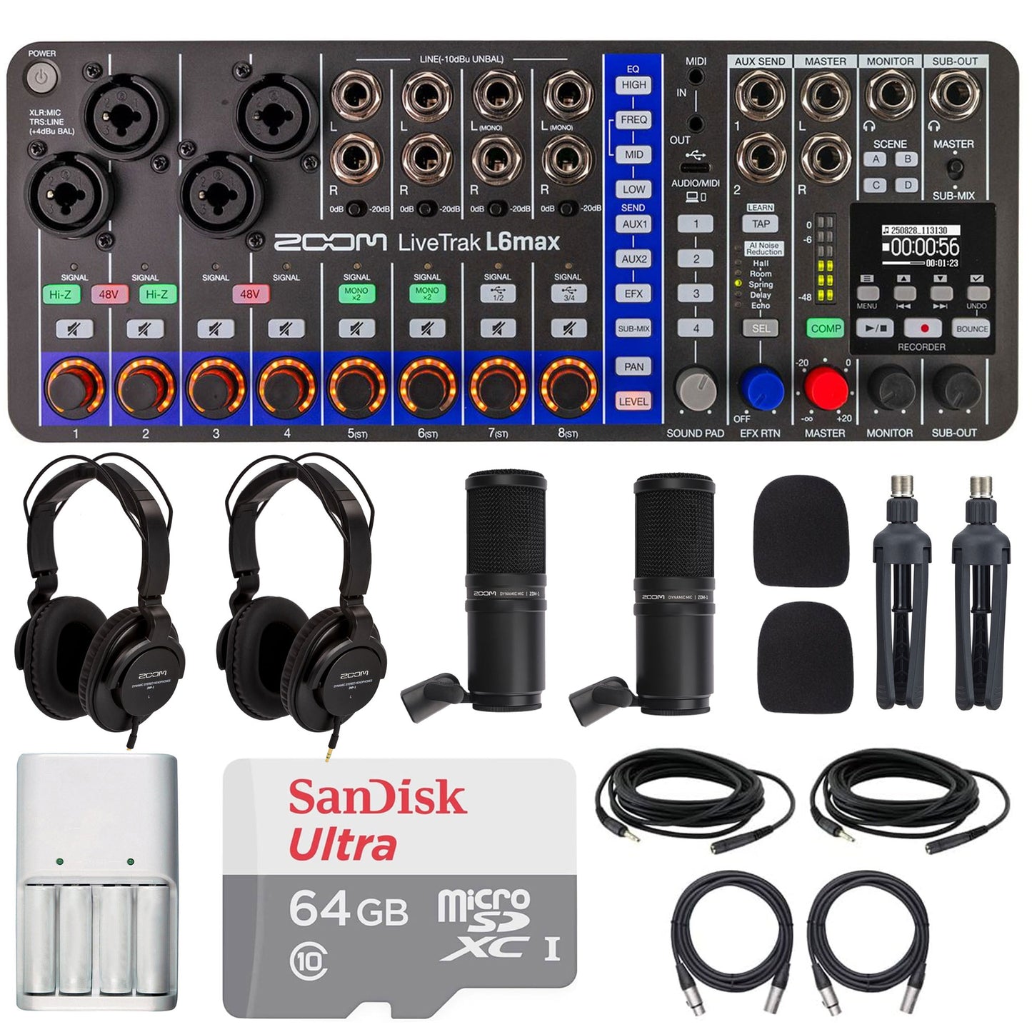 Zoom LiveTrak L6max Portable 12-Channel Mixer & Recorder with 2x ZDM-1 Podcast Mic Pack + Pro Audio Bundle