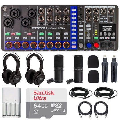Zoom LiveTrak L6max Portable 12-Channel Mixer & Recorder with 2x ZDM-1 Podcast Mic Pack + Pro Audio Bundle