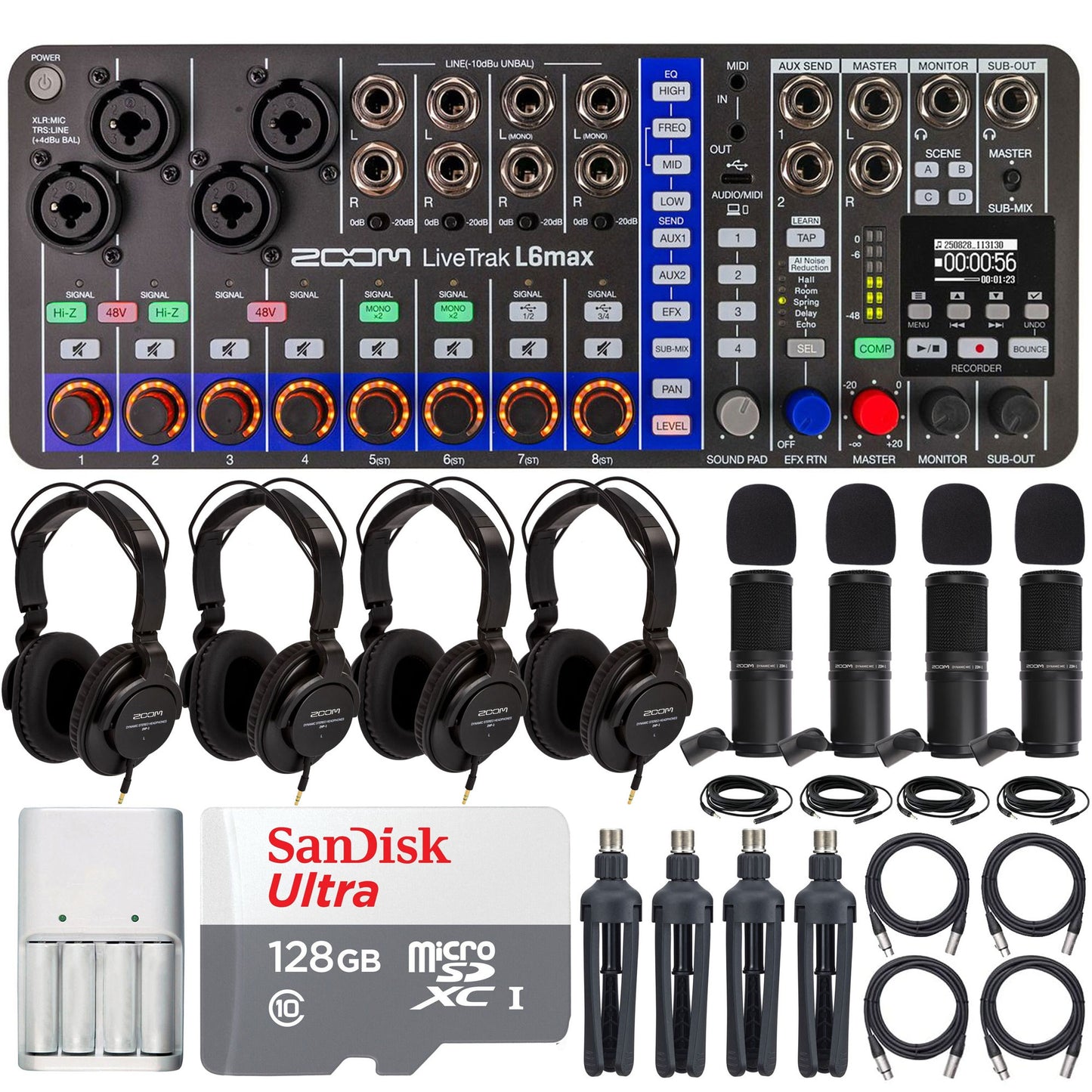 Zoom LiveTrak L6max Portable 12-Channel Mixer & Recorder with 4x Zoom ZDM-1 Podcast Mic Pack + Pro Audio Bundle