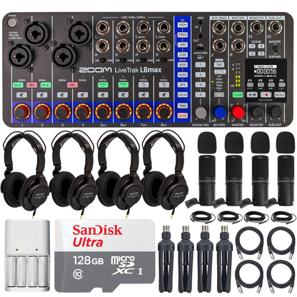 Zoom LiveTrak L6max Portable 12-Channel Mixer & Recorder with 4x Zoom ZDM-1 Podcast Mic Pack + Pro Audio Bundle