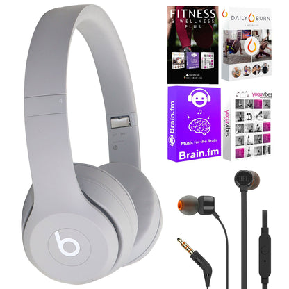 Beats Solo 4 Wireless On-Ear Bluetooth Headphones - Drenched Grey with JBL T110 in Ear Headphones and Fitness and Wellness Plus Software
