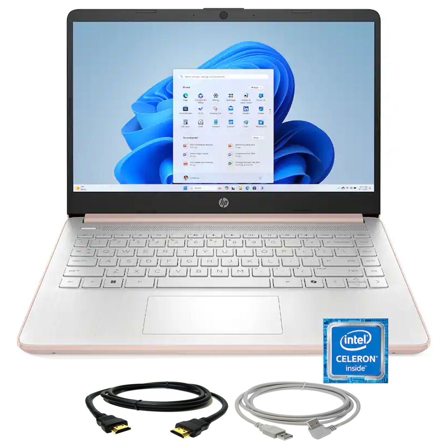 HP 14" Laptop - Intel Celeron N4500 2021 - 4GB Memory - 64GB eMMC - Pale Rose Gold with 10FT USB 2.0 Type A Male To B Male Cable and 6ft HDMI Cable