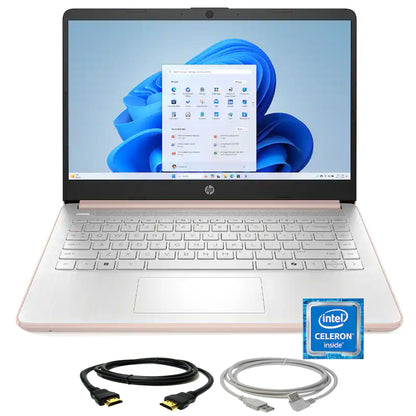 HP 14" Laptop - Intel Celeron N4500 2021 - 4GB Memory - 64GB eMMC - Pale Rose Gold with 10FT USB 2.0 Type A Male To B Male Cable and 6ft HDMI Cable