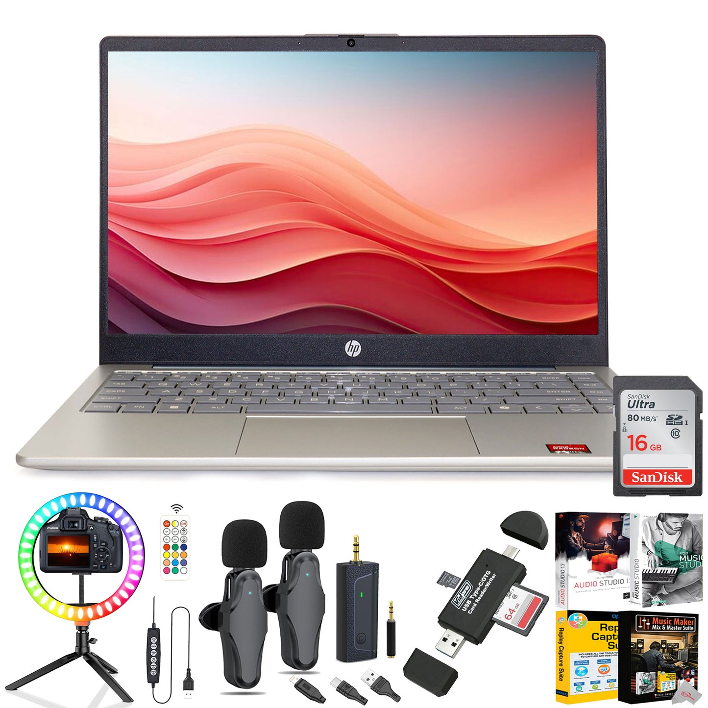 HP 14" HD Windows Laptop AMD Athlon 7120 - 4GB RAM, 128GB UFS (Moonlight Blue) Complete Setup Bundle