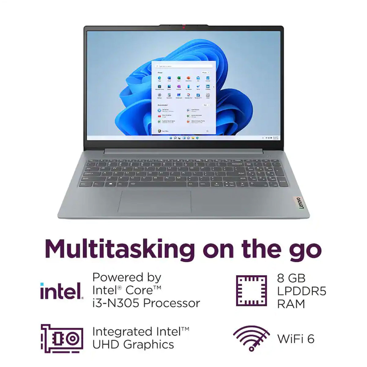 Lenovo IdeaPad Slim 3i 15.6" Full HD Laptop - Intel Core i3-N305 2023 - 8GB Memory, 128GB UFS (Arctic Grey) with Cables