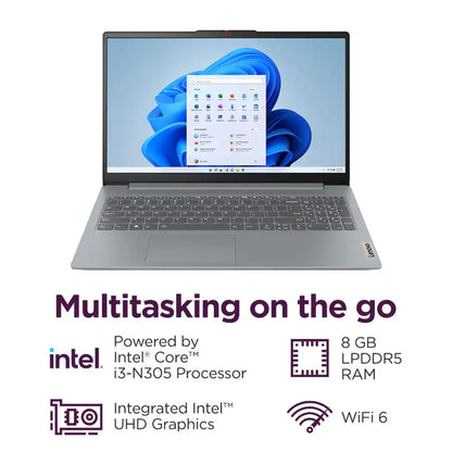 Lenovo IdeaPad Slim 3i 15.6" Full HD Laptop Intel Core i3-N305 2023 - 8GB Memory, 128GB UFS (Arctic Grey) Essentials Bundle