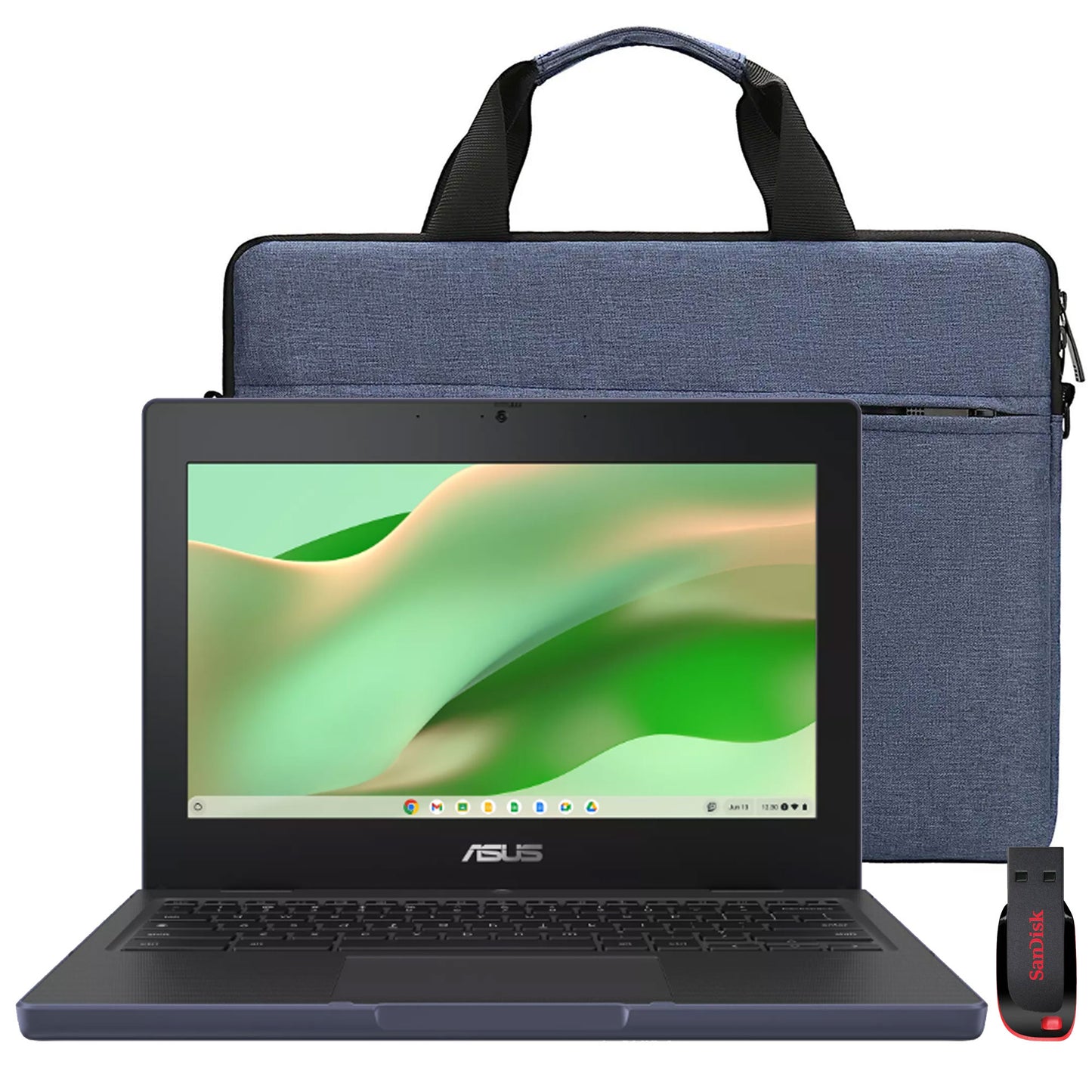 ASUS Chromebook CR11 16'' Ruggedized Laptop Intel Processor N100 Processor, 4GB RAM, 64GB eMMC Storage (Mineral Grey) with Splash Proof Bag and SanDisk Cruzer Blade USB Flash Drive - 128GB