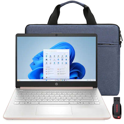 HP 14" Laptop Intel Celeron N4500 2021 - 4GB Memory, 64GB eMMC (Pale Rose Gold) with Splash Proof Bag and SanDisk Cruzer Blade USB Flash Drive - 128GB