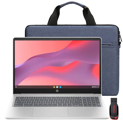 HP 15.6" Chromebook Laptop Intel Processor N200 2023 - 8GB Memory, 64GB eMMC (Natural Silver) with Splash Proof Bag and SanDisk Cruzer Blade USB Flash Drive - 128GB