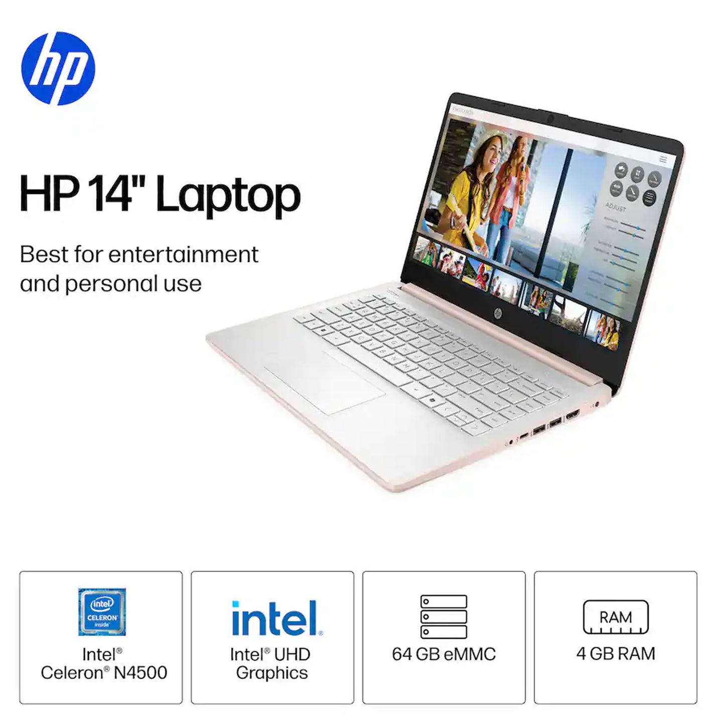 HP 14" Laptop - Intel Celeron N4500 2021 - 4GB Memory, 64GB eMMC (Pale Rose Gold) with Laptop Bag and Cables