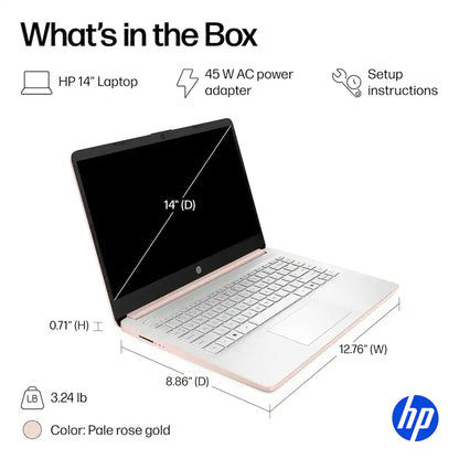 HP 14" Laptop - Intel Celeron N4500 2021 - 4GB Memory, 64GB eMMC (Pale Rose Gold) with Laptop Bag and Cables