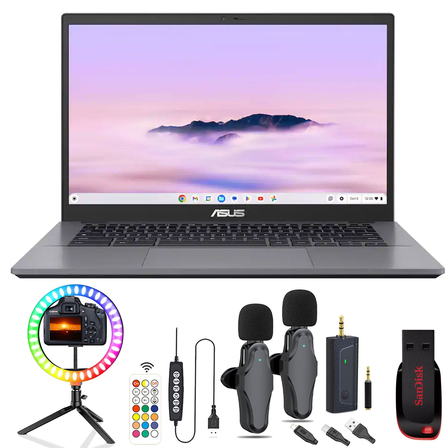 ASUS CX34 14" FHD Chromebook Plus Laptop with Google AI - Intel Core i5 - 8GB Memory, 128GB SSD - Rock Grey + SanDisk Cruzer Blade USB Flash Drive - 64GB + Vidpro 2-Person Wireless Lavalier Microphone Set + Vivitar Vlog Essentials 8" Full Color RGB LED Ri